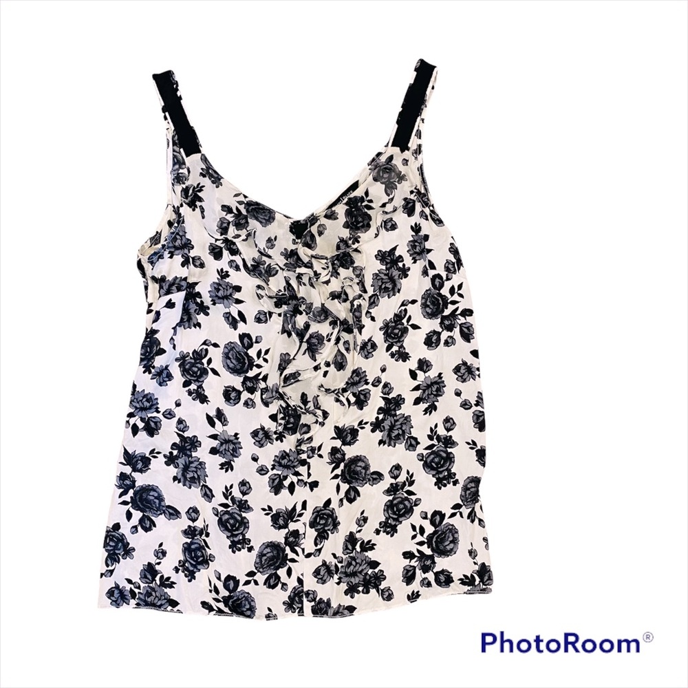 White House Black Market Silk Floral Sleeveless Cami Ruffle Blouse White Medium